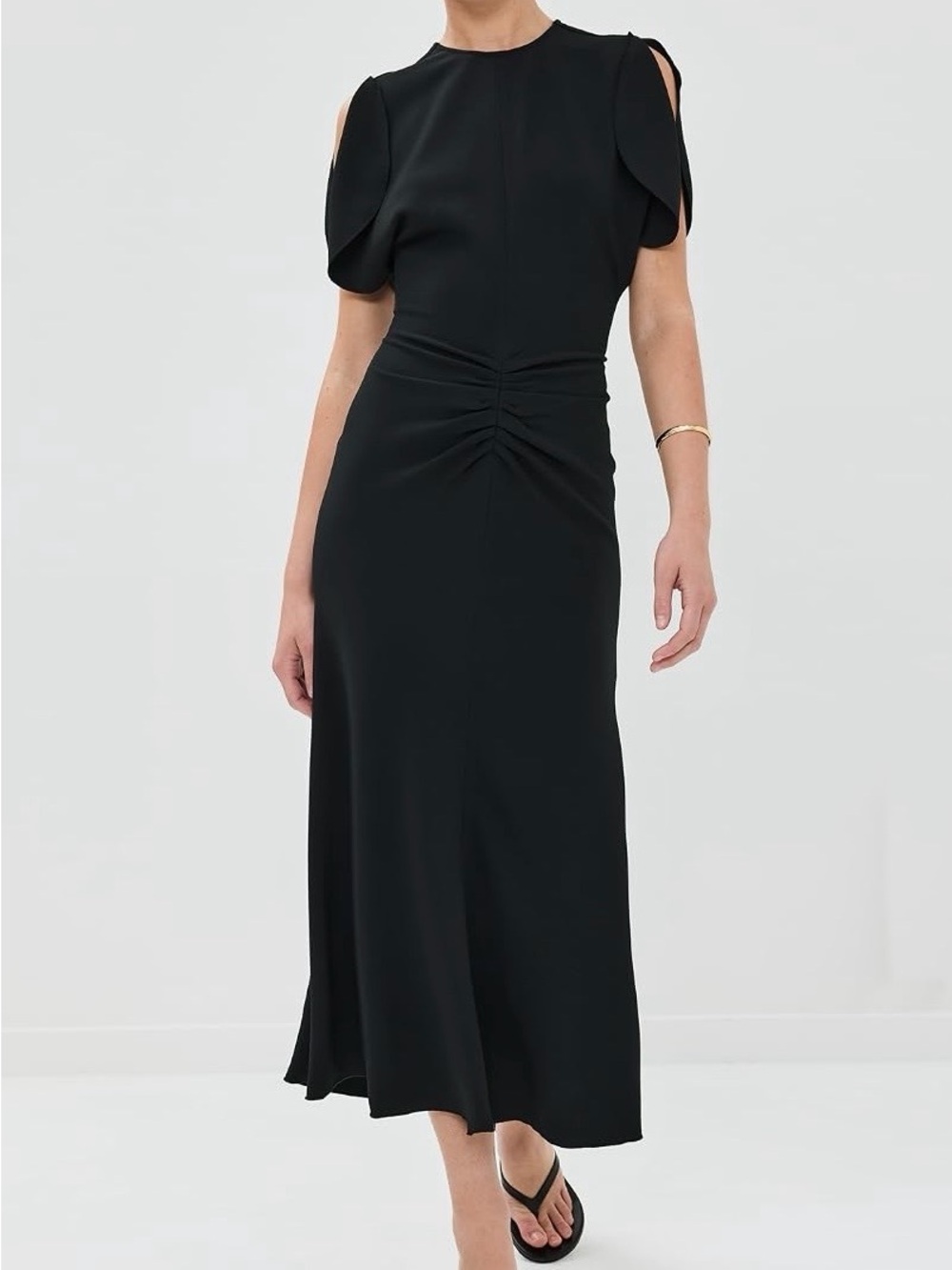 Victoria Beckham Black Cutout-Sleeve Ruched Midi Dress